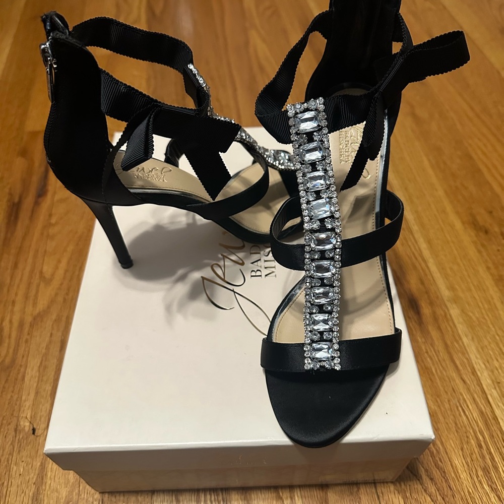 Jewel Badgley Mischka Satin Heels with Rhinestone Straps - Picture 2 of 5